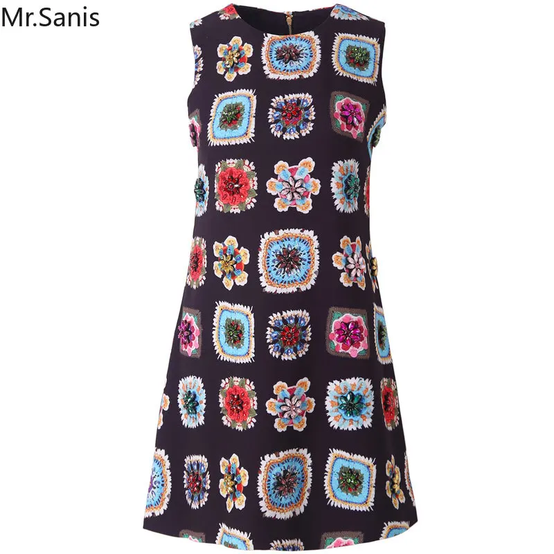 

Sanis 2019 Designer Summer Floral Print Diamonds Women Vest Black Dresses Vestidos Robe Femme Vintage Mini Party Dress