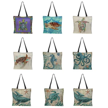 

Customized ladies shopping bag reusable folding shoulder bag large-capacity double-sided printing marine turtle linen bag casual