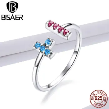 

Open Ring Blue Pink Zircon Tetris Rings for Women BISAER 925 Sterling Silver Wedding Engagement Girls Statement Jewelry EFR114