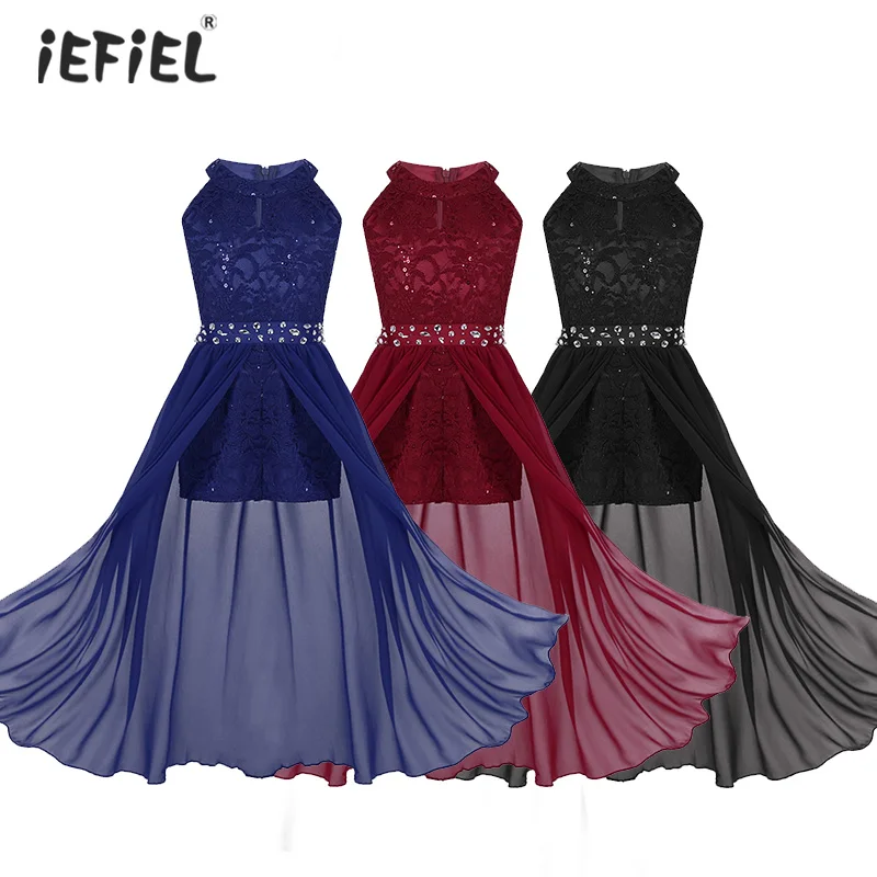 IEFiEL/Красивые Детские платья для девочек; платье трапециевидной формы для свадебной вечеринки; Vestidos; длинное кружевное платье принцессы без рукавов с цветочным рисунком для девочек