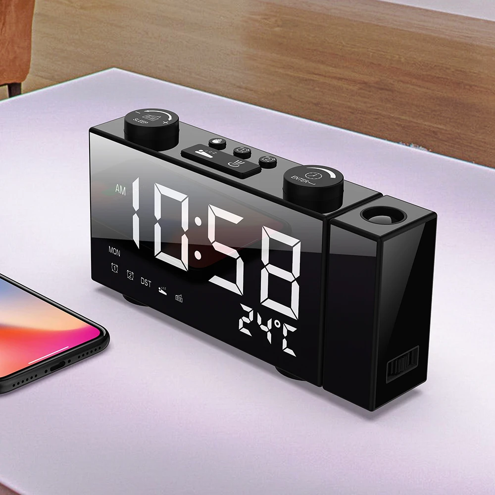 Digital Alarm Clock FM Projection Radio Alarm Clock with Snooze Thermometer Table Clock USB LEDs Alarm Clocks