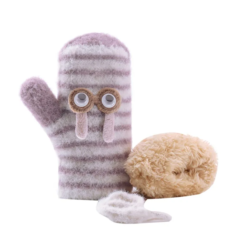 Детские перчатки, зимние шерстяные толстые бархатные рукавички, теплые милые вязаные Мультяшные перчатки в полоску для детей, для мальчиков и девочек, W1