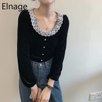 

Elnage Korean Spring Shirts Lace Slim Velvet Low Round Neck Blusas Long Sleeve Blouse for Women Vintage Black Tops Button 5A299