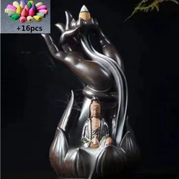 

Buddhism Incense Burner Bergamot Lotus Retro Line Glaze Buddha Incense Censer Ceramic Aromatherapy Smoke Backflow+16pcs Cones