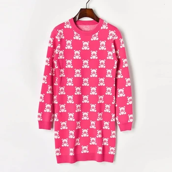 

Cartoon bear long sweater women 2019 autumn new arrival long sleeve red black pullover fashion knitted cute sweaters winter tops