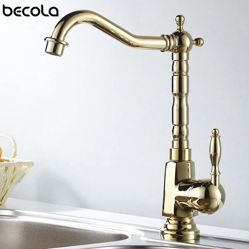 360 Degree Rotation Luxury Gold Kitchen Faucet Single Handle Swivel Antique Sink Mixer Hot and Cold Water Tap GZ-8105K