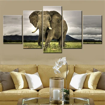 

Framework Home Painting Artwork Modular 5 Panel Animal Elephant HD Printed Modern Canvas Decor Living Room poster