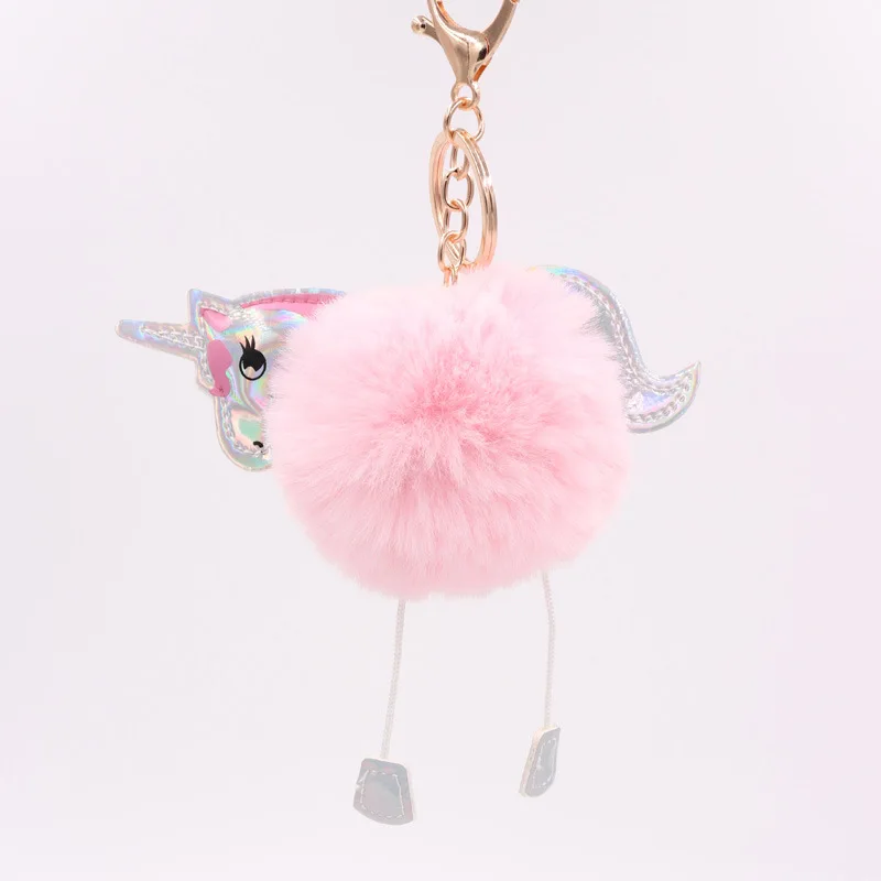 

Hot Selling Unicorn Keychain Faux Rex Rabbit Fuzzy Ball Pendant PU Leather Cartoon My Little Plush Bag Keychain