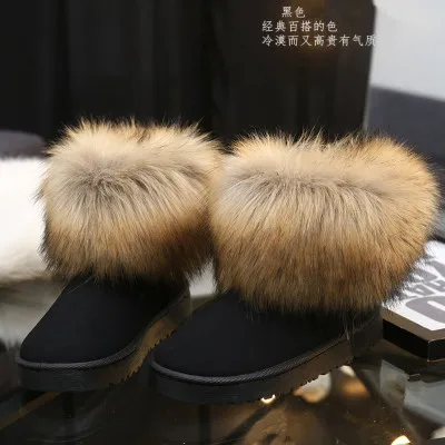Женские ботинки брендовая зимняя обувь из натуральной кожи с натуральным лисьим мехом теплые черные повседневные женские зимние ботинки с круглым носком; большие размеры; XYZ343 - Цвет: Черный