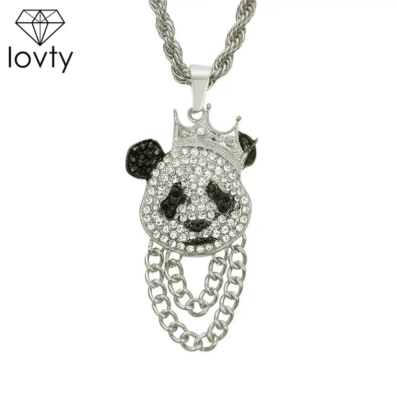 

Fashion Jewelry Hip Hop Rock Cute Panda Crystal Pendant Necklace Punk Ethnic Vintage Long Necklace Men Accessory Gift U3