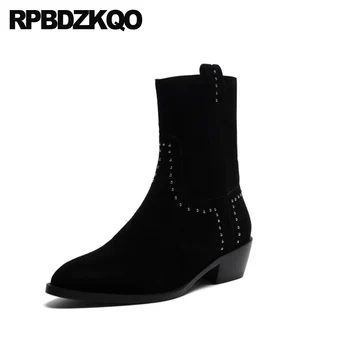 

genuine leather ankle casual women black embellished studded rivet pointed toe side zip boots shoes suede chunky 2019 stud short