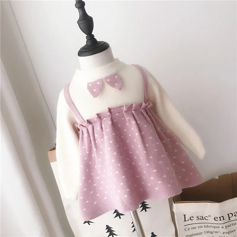 Одежда для маленьких девочек милое платье для малышей вязаное платье для маленьких девочек, осенне-зимняя одежда Теплый свитер в горошек с бантом платье принцессы с юбкой-пачкой