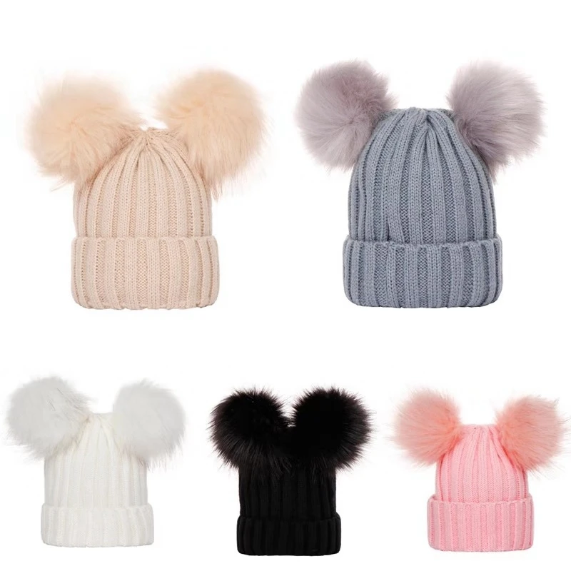 men's skullies and beanies Fashion Double Hairball Solid Color Baby Pompom Cap Keep Warm Outdoor Children'S Winter Hat Beanie Hat baggy beanie