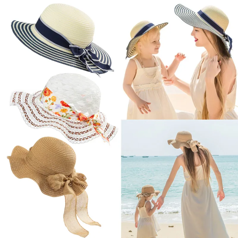 Kids Girls Summber Beach Sun Hat Wide Brim Straw Panama Hat Parent-child Women Children Sunhat UV Protection For Seaside Holiday japanese parent child brand kids girls wide brim straw woven sun protection beach hat pompom ball summer bucket cap панама