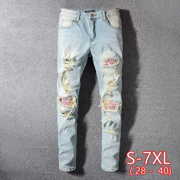 

Men's patchwork bandanna paisley printed biker jeans Light blue holes ripped skinny stretch denim pants Trousers 2020