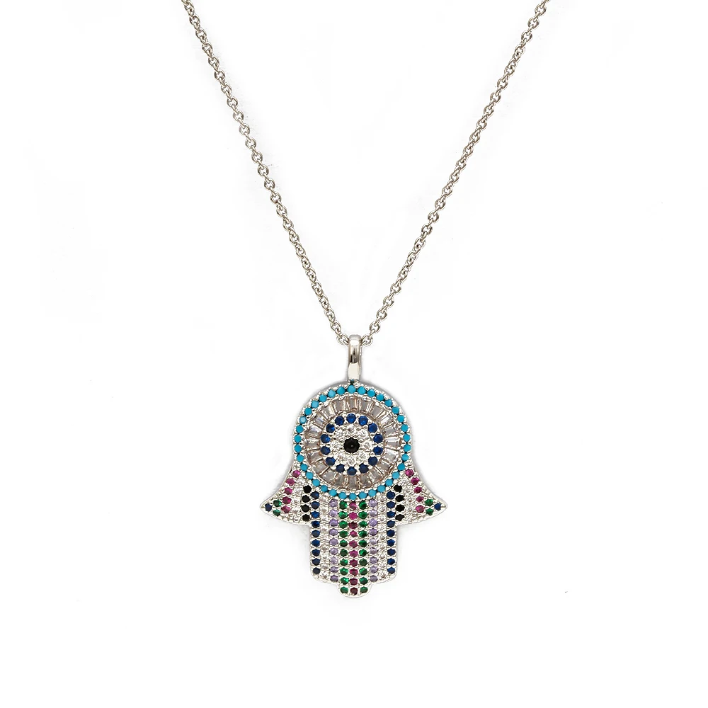 Ожерелье "Счастливый глаз", "Рука Хамса", "сглаза", ожерелье, золото, серебро, цвет цепи, цвет ful, циркон, кулон, ожерелье, модное ювелирное изделие для женщин EY6693 - Окраска металла: Silver