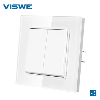 

VISWE 2gang 2way Wall Button Light Swtich，White Plastic Materials And Crystal Glass Panel 82*82mm 16A 250V