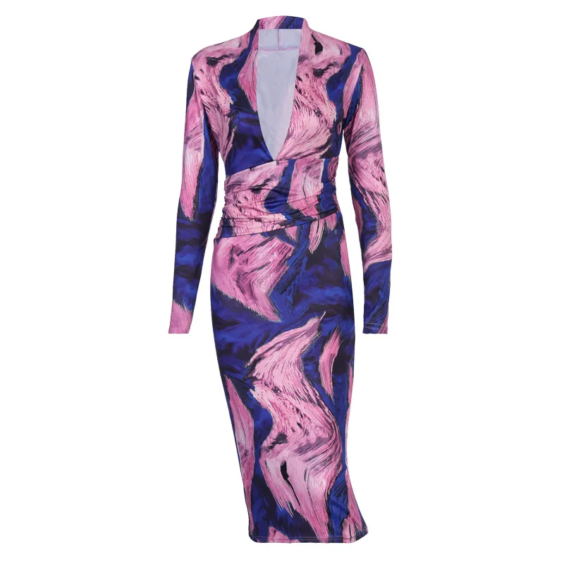 Simenual Deep V Neck  Skinny Women Bodycon Dresses Print Sexy Hot Clubwear Fashion 2019 Long Sleeve Party Midi Dress Female Slim