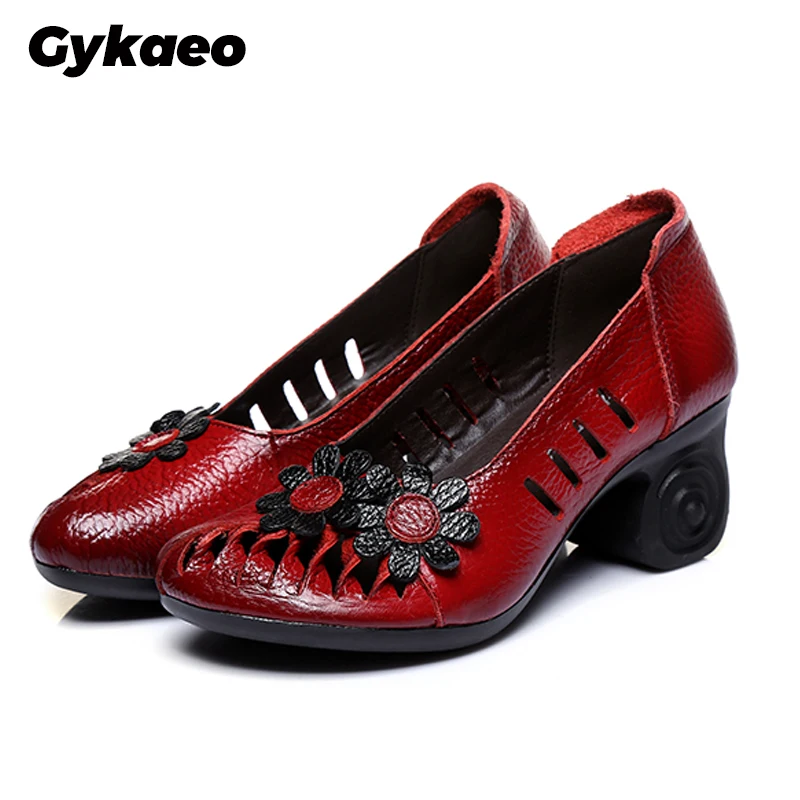 

Gykaeo National Wind Spring Summer Flower High Heels Female Shoes Woman Leisure Genuine Leather Pumps Comfortable Women's Shoes