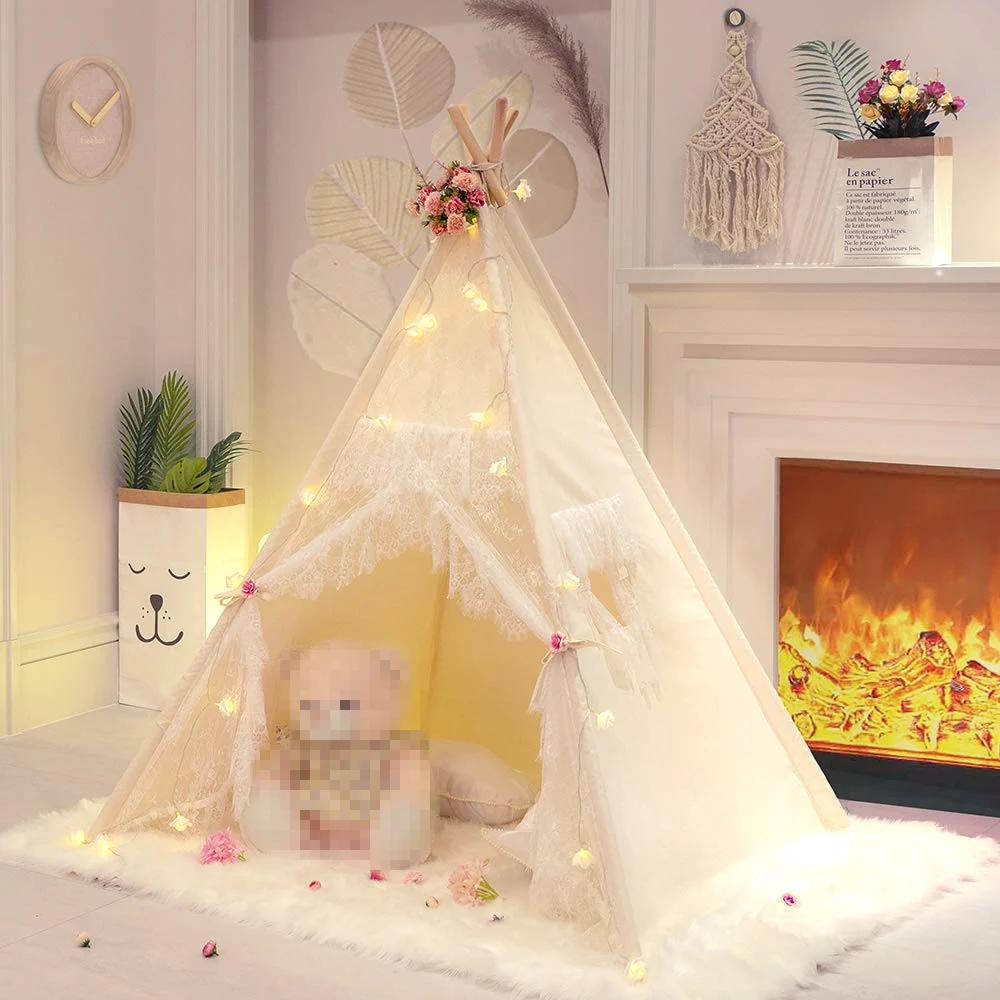 Большой Холщовый вигвам палатка для детей Teepee Tipi с серыми помпонами индийская