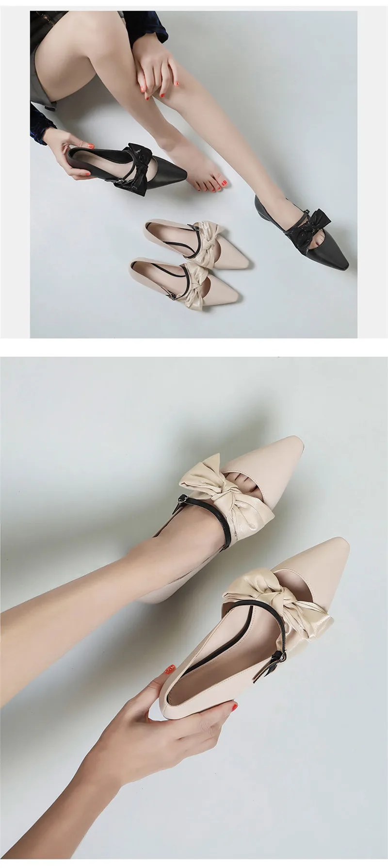 Fashion Bow Square Heels Pointed Toe Pumps Shoes Women Spring Leather Low Heels Shallow Mouth Casual Office Lady Shoes Plus Size (9)
