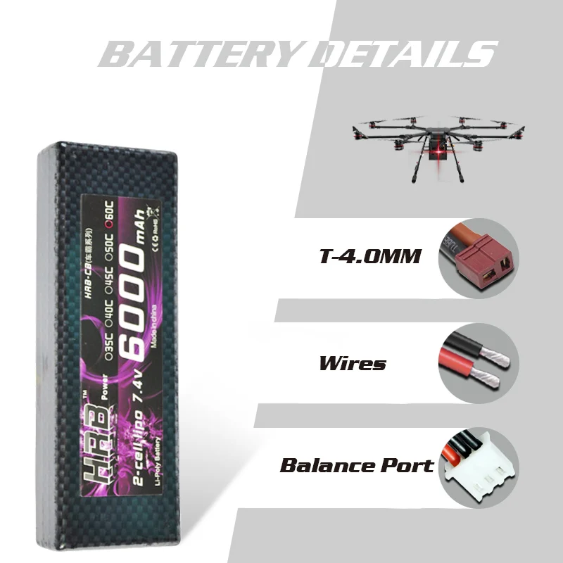 2 шт. HRB Lipo 2S Аккумулятор 7,4 V 6000mah 60C 120C жесткий чехол T до 4,0 мм разъем типа банан AKKU для RC 1/10 автомобиль грузовик Квадрокоптер