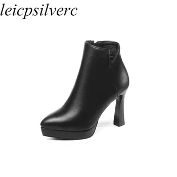 

Women's Boots Autumn Winter Warm Ankle Super High Heel Pointed Toe Platform 2019 New Sexy Fashion Casual Office Black Pu Plush