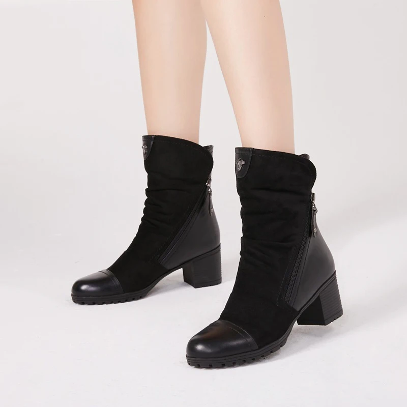 AIMEIGAO/сезон осень-зима; замшевые кожаные ботинки; женские ботильоны черного цвета с двойной молнией; женские короткие плюшевые ботинки на не сужающемся книзу массивном каблуке; обувь на платформе