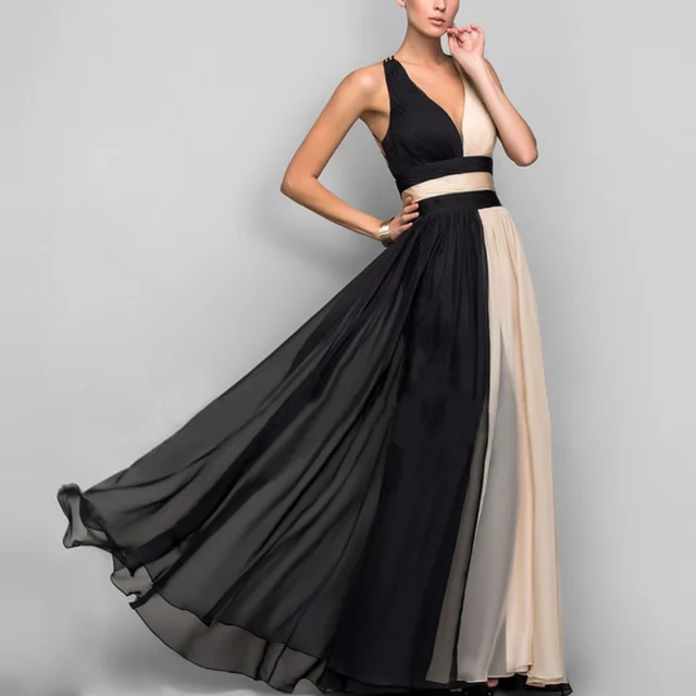 Summer Elegant Dresses Sleeveless Maxi Dresses Deep-V Neck Patchwork Temperament  Versatile Vestido 2