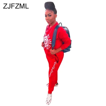 

Letter Print Sexy 2 Piece Womens Tracksuit Set Round Neck Full Sleeve Slim Tees + Long Pants Matching Sets Causal Plus Size Set