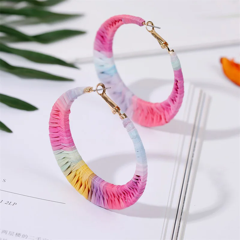 Богемные серьги-кольца ручной работы из рафии для женщин 2019 модные разноцветные