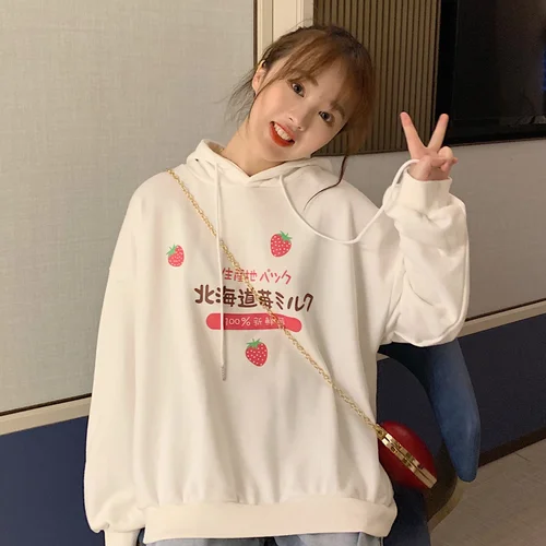 Осенне-зимний Розовый пуловер для женщин Harajuku пуловер с принтом Kawaii Свободные женские толстовки Милая женская одежда - Цвет: Белый