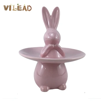 

VILEAD 18cm Ceramic Rabbit Jewelry Tray Figurines Lovely Animal Jewelry Plate Ornament Handmade Craft Girl Gift Decoration Hogar