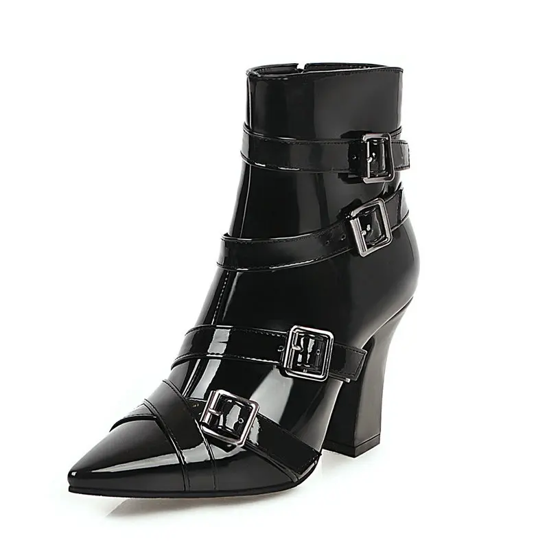 Women Boots Fashion Buckle Sqaure High Heel Ankle Pointed Toe Autumn Winter Zipper 2019 New Style Ladies Shoes | Обувь