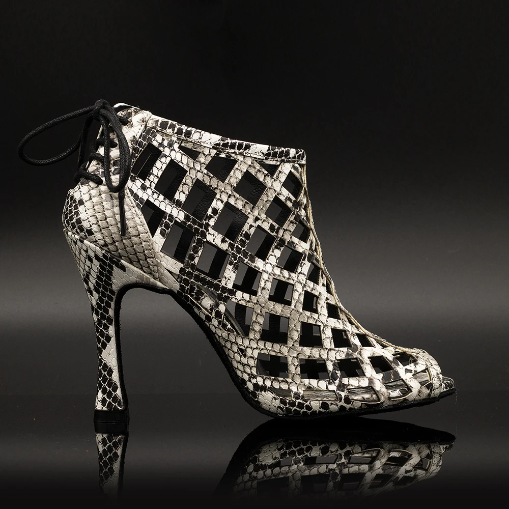 

【Fever Pitch】Snake Skin Cut Outs Lace Up 10cm Flare Heel Boots