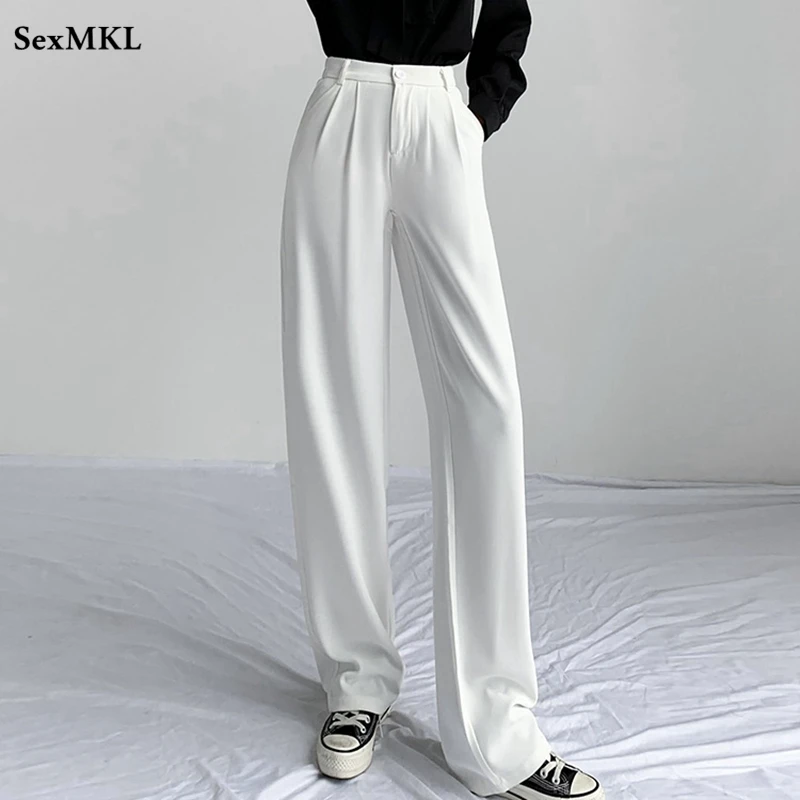 

Women Wide Leg Pants White 2022 Fashion Autumn High Waist Office Suit Trousers Loose Elegant Sexy Ladies Black Work Pant Bottoms