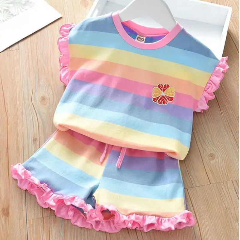 Girls Clothes New Summer Style Baby Girls Striped casual suit Ruffle T-shirt + shorts 2Pcs for Kids Clothes sportswear 2-8Y