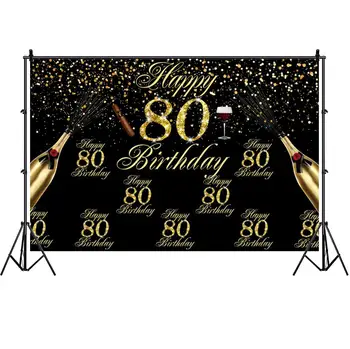 

80th Happy Birthday Photography Backdrop Adult Party Black Gold Photo Background Decoration Studio Prop Banner