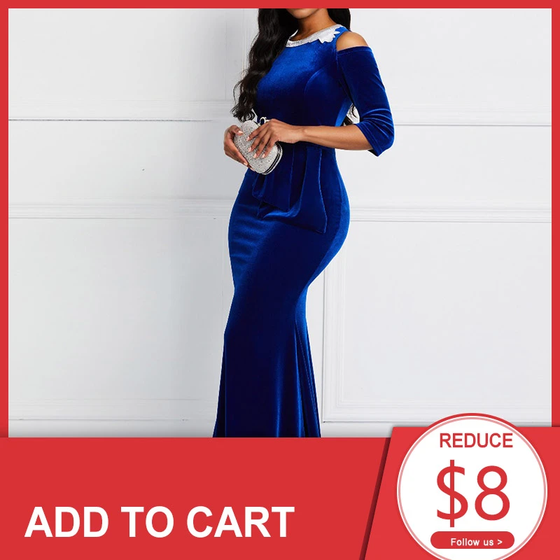 Vestido de noche de señora, vestido de fiesta para graduación y a la moda, de sirena, sexi, con cuello redondo y mangas 3/4 en azul de noche| - AliExpress