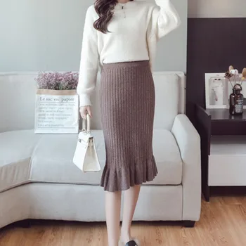 

Women Autumn Winter midi Skirt Half Length Skirt Knit High Waist Split Hip Fish Tail Skirt Elegant Women Office Skirts