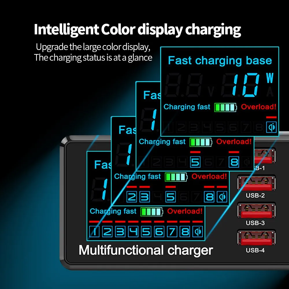 Intelligent LED Display Wireless Charger Dock QC 3.0 Fast Charging 8 Ports PD USB Chargers Desktop Adapter for iPhone and Tablet