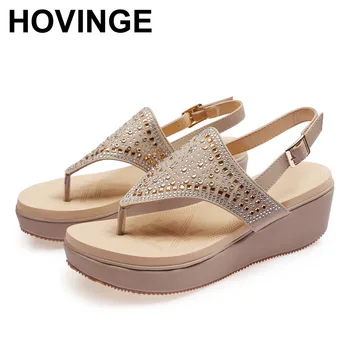 

HOVINGE Summer Shoes Woman Sandals Flat heel platform high heels Sandalias 2019 crystal Rear buckle Wedge Thongs Sandals
