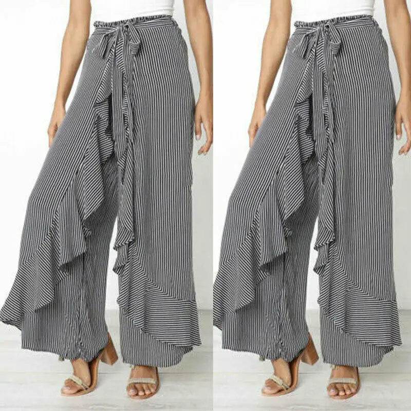 Женские повседневные полосатые длинные штаны Boho с оборками Свободные мешковатые с высокой талией широкие длинные штаны Palazzo Брюки