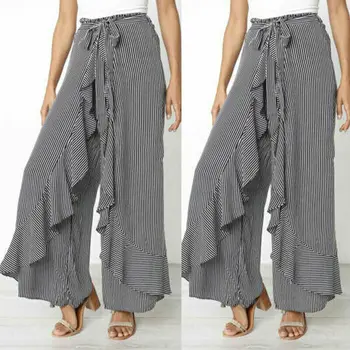 

Womens Boho Casual Striped Ruffle Long Pants Loose Baggy High Waist Wide Leg Long Pants Palazzo Trousers