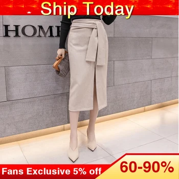 

Vintacy Women Long Skirt Solid High Waist Black High Waist Office Lady Split Sexy Bodycon Korean Elegant Fashion Belt