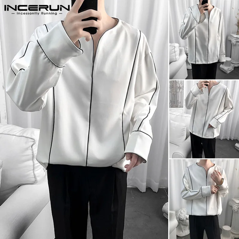 INCERUN 2020 Long Sleeve Loose Brand Shirts Fashion Men Casual Shirt Korean Chic V Neck  Blouse Color-block Camisa Plus Size
