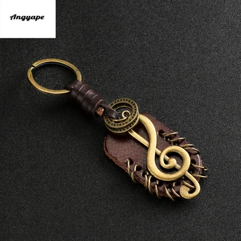 Angyape 2019 Fashion vintage brown Genuine Leather wing compass Music Symbol keychain handwork alloy Accessories men key chain