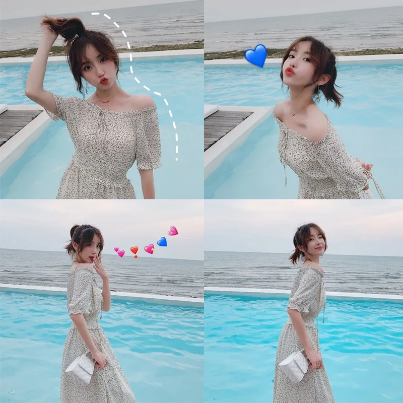 

Photo Shoot INS Vigorous GIRL'S Sense of Design Chiffon Floral-Print Seaside Holiday Waist Hugging Horizontal Neck off-Shoulder