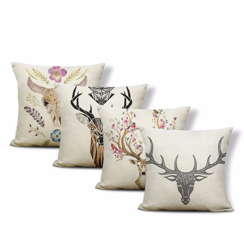 

Luxury Custom Pillow Antlers Flowers Feathers Text Boho Pillowcases Home Living Room Decoration Polyester Linen Big Throw Pillow