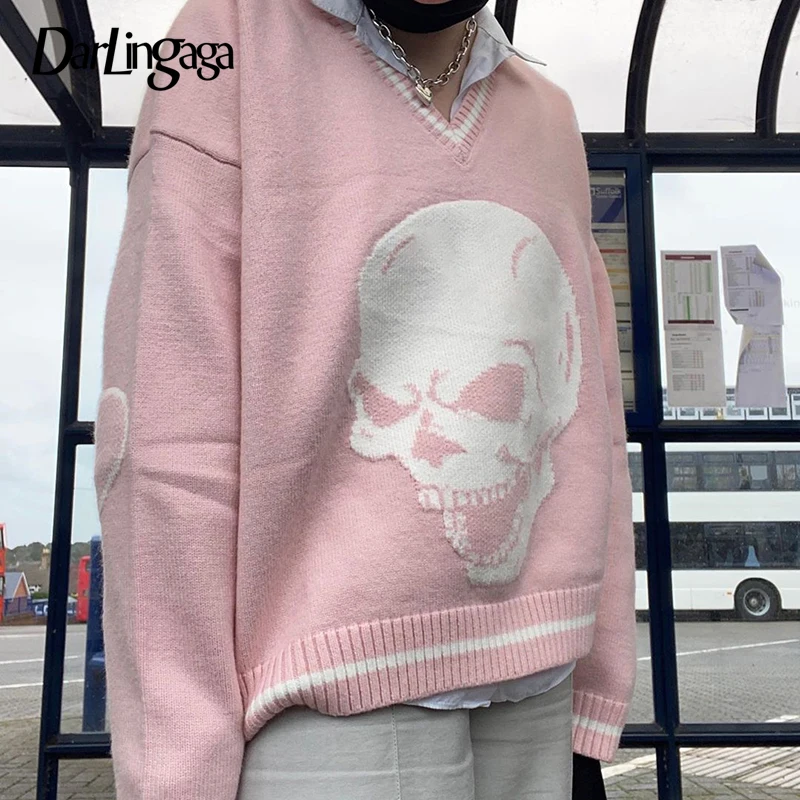 Knitted Sweater Skull Y2k Pullover Pull-Femme Harajuku Print Darlingaga Gothic Fashion